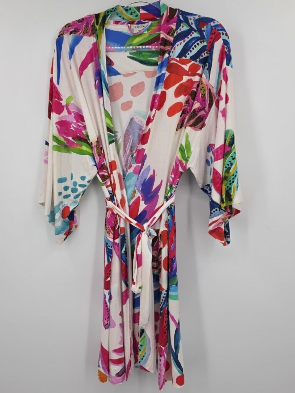 Soma Cool Nights Shirt Robe Small Medium White Tropical Print Belted